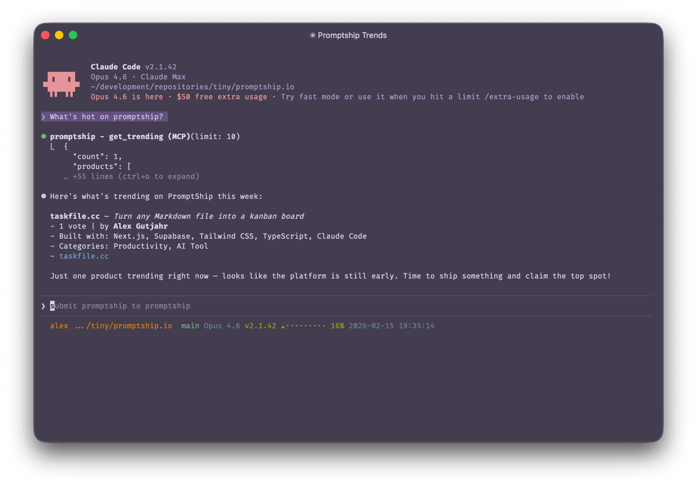 Claude Code querying PromptShip's MCP server to get trending AI products